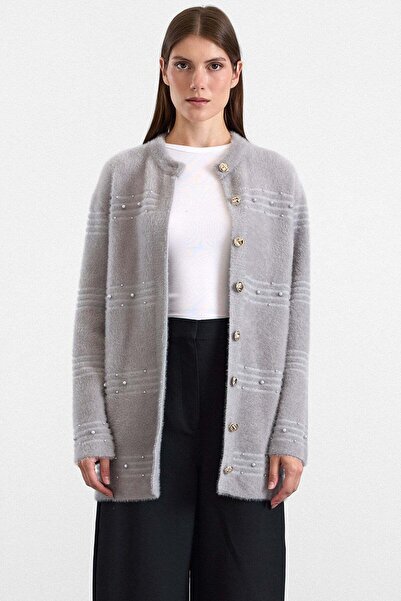 Olcay Pearl Detailed Soft Fabric Knitwear Cardigan Gray 8296