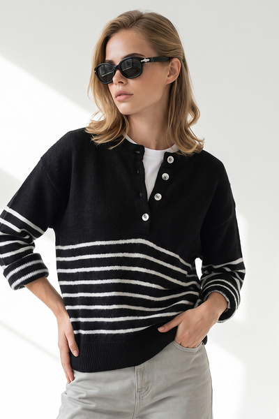 Olalook Women's Black Buttoned Striped Soft Textured Knitwear Sweater Kzk-190...