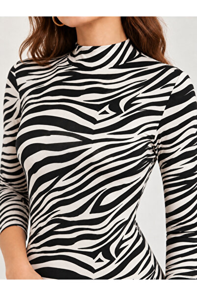 peralist Women's Ecru Black Zebra Patterned High Collar Long Midi Length Viscose Dress
