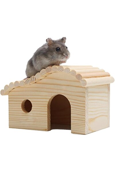 Generic Wooden Hut Hamster House Natural Wood Small Animal Hideout and Door f...