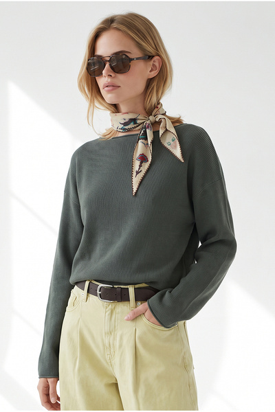 Olalook Women's Khaki Boat Neck Soft Textured Viscose Knitwear Sweater Kzk-19...