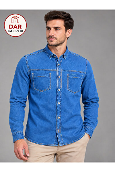 Erkek Denim Çift Cepli Uzun Kollu Kot Gömlek
