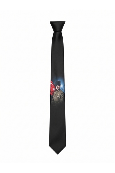 Elegante Cravatte Military Uniformed Ataturk Image Black Tie (7 cm) - Special Boxed