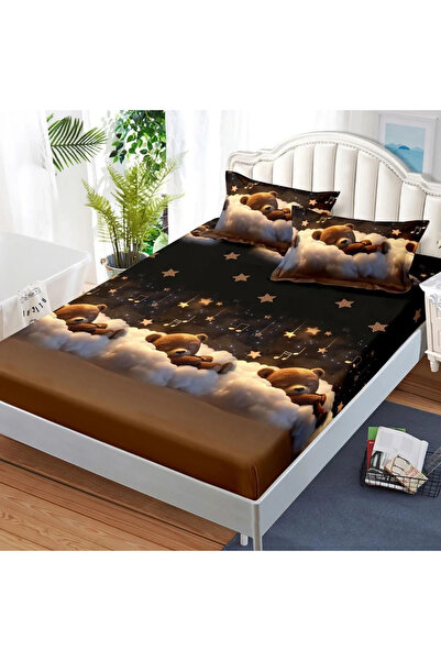 decorami Stretchy Sheet, 180x200 cm + 2 Pillowcases 50x70 cm, Brown, teddy bears