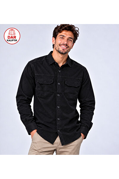Erkek Kadife Slim Fit Uzun Kollu Çift Cepli Gömlek
