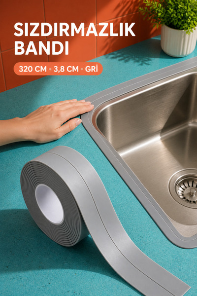 COZY SENSE Su Sızdırmaz Bant 3,2 Metre Gri Mutfak Banyo Fayans Lavabo ve Tezg...