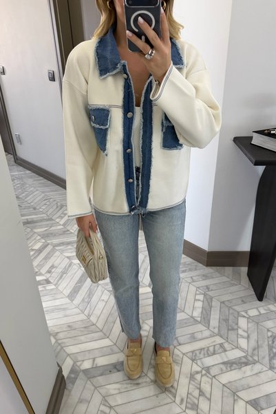 SHILSEE BEUTİQUE White Denim Tricot Jacket with Fringes for Women
