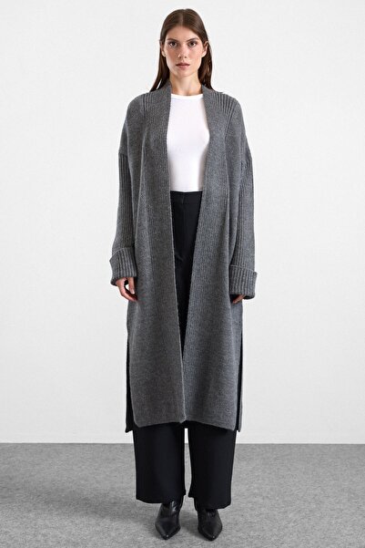 Olcay Loose Fit Ribbed Knitwear Long Cardigan Anthracite 8298