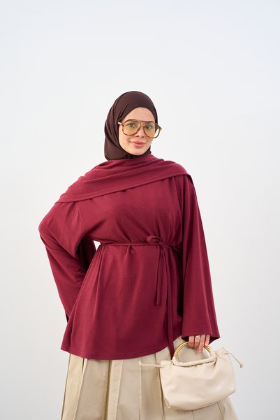 LOCCO Women's Asymmetrical Cut Shawl Detail Waist Tie Tunic Burgundy