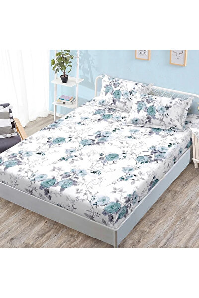 decorami Stretchy Sheet, 180x200 cm + 2 Pillowcases 50x70 cm, White, blue flo...