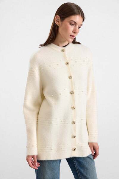 Olcay Pearl Detailed Soft Fabric Knitwear Cardigan Ecru 8296