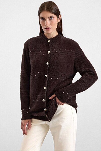 Olcay Pearl Detailed Soft Fabric Knitwear Cardigan Brown 8296
