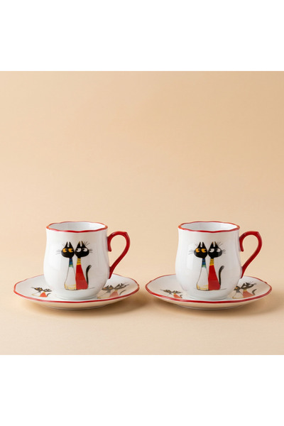 ELZEY HOME Porcelain Set of 2 Coffee Cups with Cat Figures