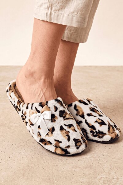 hadiora Women's Leopard Patterned Soft Plush House Slippers with Bow Detail