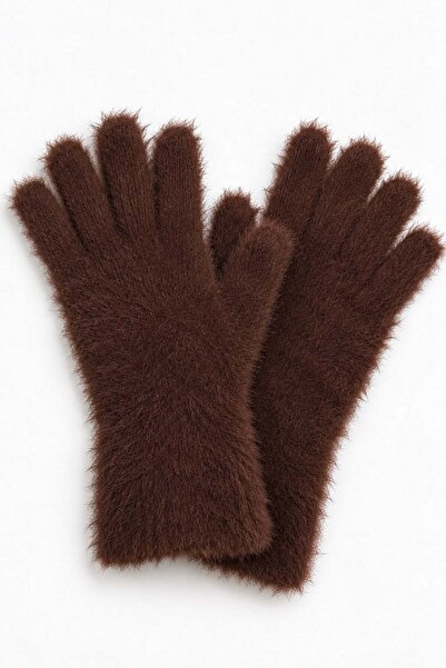 Juuuj Coffee-Colored Plush Textured Soft Flexible Knitted Gloves with Full Fi...