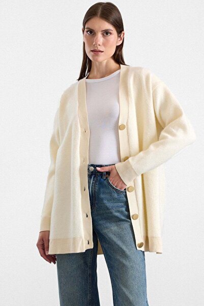 Olcay V-Neck Soft Fabric Cardigan Cream 8295