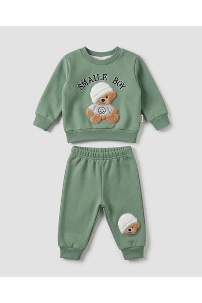 2'li erkek Bebek Bear nakışlı Pamuklu 3 ip şardonlu bebek takım 6-9-9-12 12-18-24 Ay Alt Üst 2'Li yenidoğan Bebek Takımı kışlık takım