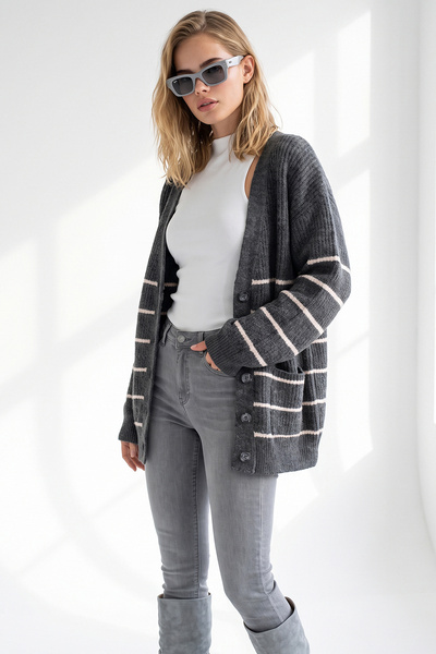Olalook Women's Anthracite Pink Thin Striped Long Knit Cardigan Hrk-19000503