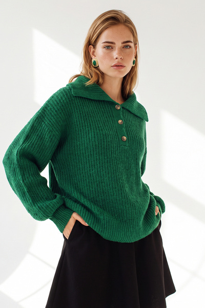 Olalook Women's Emerald Green Polo Collar Buttoned Soft Textured Knitwear Swe...