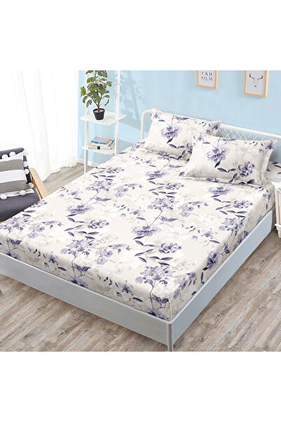 decorami Stretchy Sheet, 160x200 cm + 2 Pillowcases 50x70 cm, Beige, purple f...