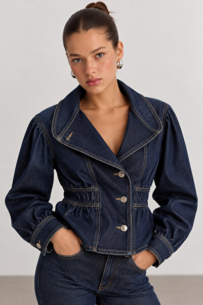 Manche Rins Washed Wide Collar Waist Drawstring Women's Denim Jacket |   Mkw3...
