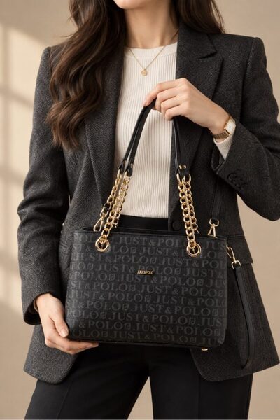 Just Polo Women's Hand and Shoulder Bag with Chain Strap, Logo, Zipper, Styli...