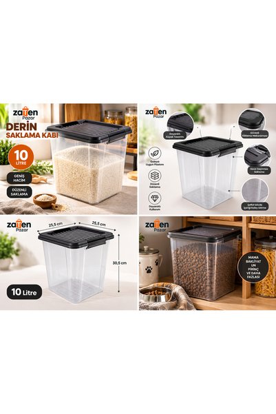 zaTen Pazar 10 Litre Derin Dikey Saklama Kabı Kilitli Kapaklı Şeffaf Erzak Ka...