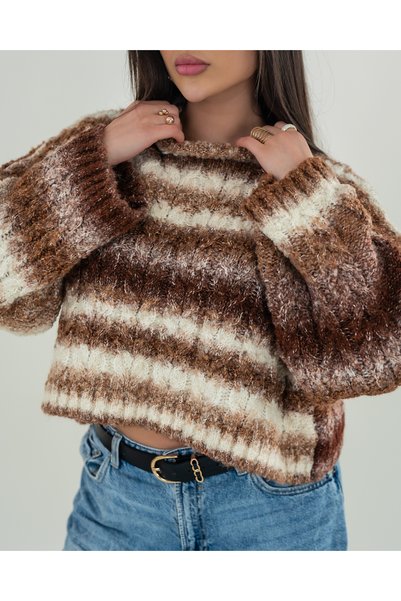 Jodtique Winter Oversize Cropped Blouse – Brown Striped Beige