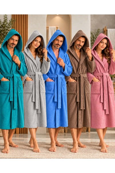 HOME MOD STORE 100% Cotton Hooded Bathrobe Unisex Women Men |   Soft Bathrobe with Belted Pockets.