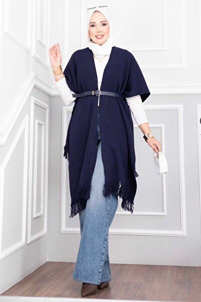 EBRUTESETTÜR Tassel Detailed Knitwear Poncho Navy Blue