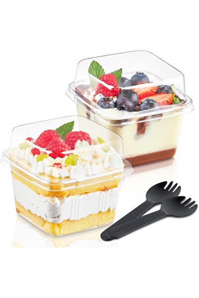 Generic 50-Pack 12 oz Disposable Plastic Square Dessert Cups with Lids & Spor...