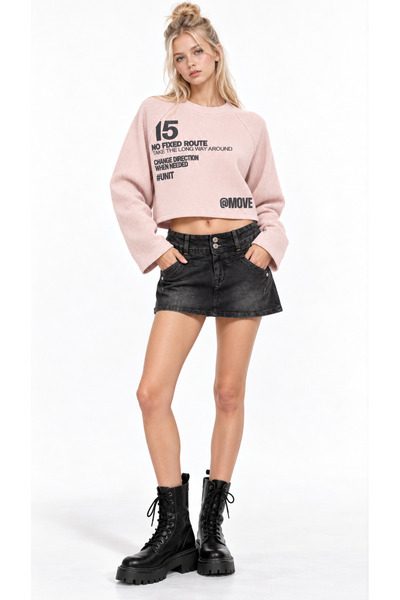 Kallisto Pink Crew Neck Printed Crop Sweatshirt