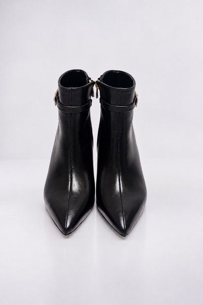 KIEER Livia - Women's Black Pointed Toe Thin Heeled Short Boots with Gold Accessory Detail