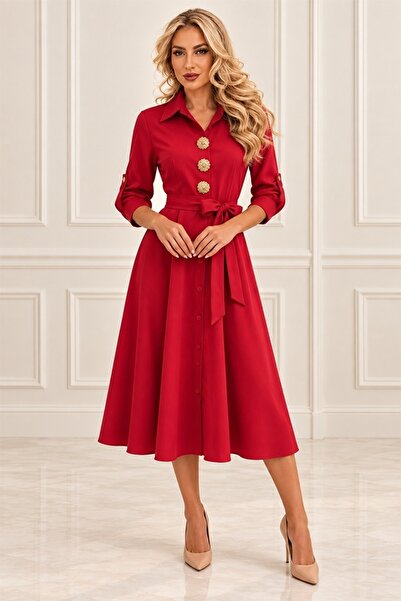 FashionForYou Миди рокля-риза ОРЕВИЯ, с връзка на талията и декоративни златн...