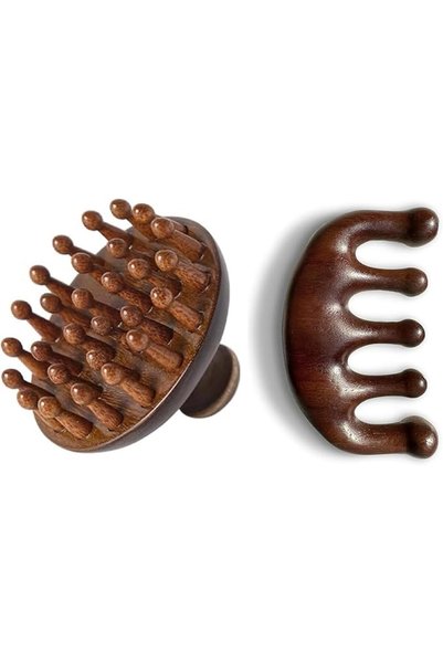 Yelajoy 2Pcs Sandalwood Scalp Massager Set, 28-Pin Head Scrubber & 5-Tooth Ba...