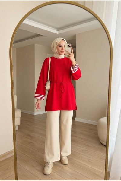 PALME D'OR Women's Striped Ribbed Detailed Waist Tie Long Tunic