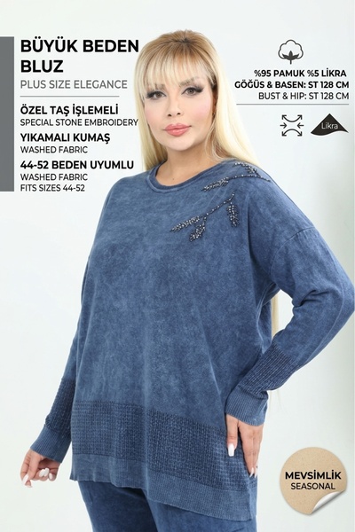 Laden Büyük Beden Kadın 44 52 beden Yıkamalı Triko Bluz Saf Pamuk Mevsimlik A...