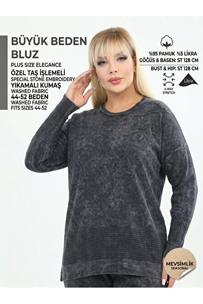 Laden Büyük Beden Kadın 44 52 beden Yıkamalı Triko Bluz Saf Pamuk Mevsimlik A...