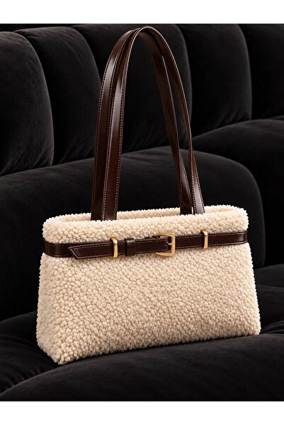 Katusa Women's Cream Plush Shoulder Bag with Brown Leather Belt Detail