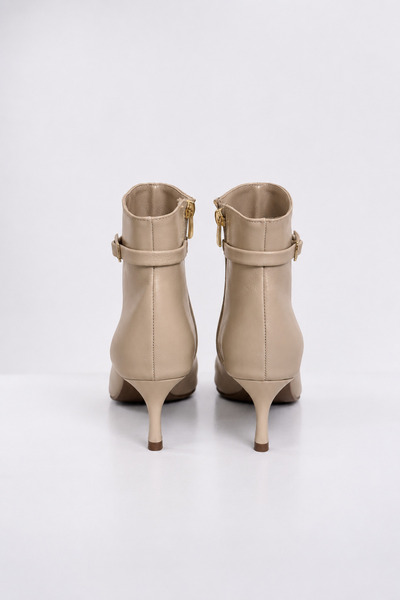 KIEER Livia - Women's Beige Pointed Toe Thin Heeled Short Boots with Gold Accessory Detail