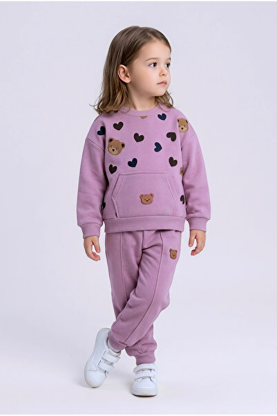 Kız Çocuk 3 İplik Şardonlu Oversize Sweatshirt Alt Üst 2li Takım – Ayıcık Kalp Desenli – 2-5 Yaş