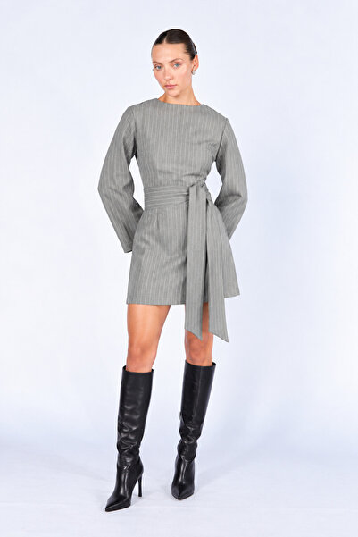Manche Striped Women's Mini Dress with Scarf Detail |   Mkw2811540-1