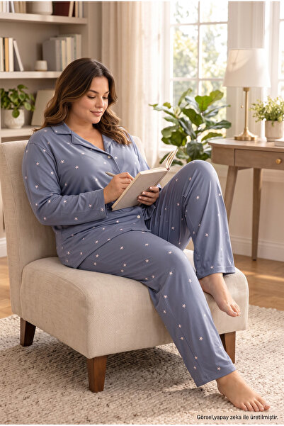 SEBOTEKS Milan Fabric Front Buttoned Long Sleeve Large Size Women's Pajama Se...