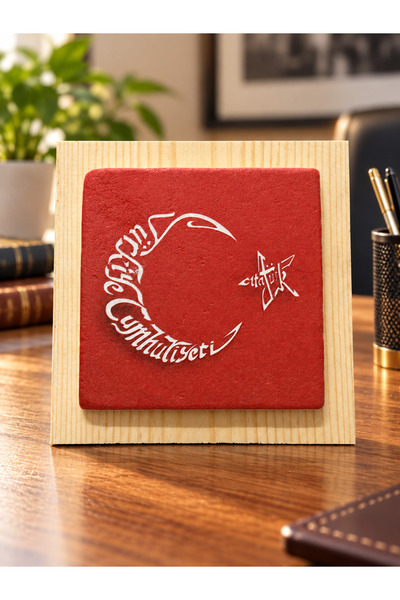 Atatürk Temalı Doğal Ahşap ve Mermer Dekoratif Tablo 12,5x12,5 cm – Duvar ve Masaüstü Kullanım