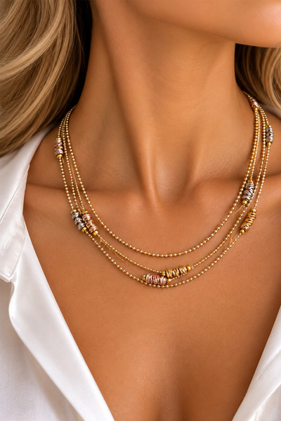 Modex Gold, Silver and Rose Dorica Detailed 4-Row Chain Necklace (40cm)