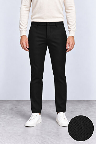 Erkek Siyah Slim Fit Likralı Yan Cep Armürlü Casual Pantolon
