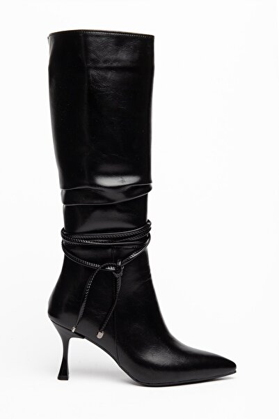 Dilimler Ayakkabı Women's Thin Heeled Boots Black Gathered Pointed Toe with P...