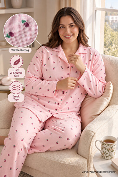 SEBOTEKS Waffle Kumaş Önden Düğmeli Uzun Kollu Büyük Beden Kadın Pijama Takım...