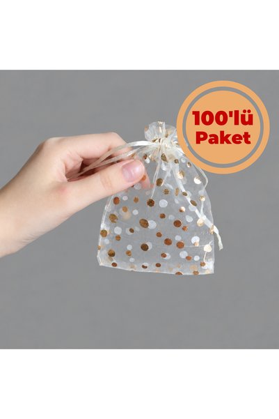 Renk İthalat Tül Kese Puantiyeli 9x12 cm 100'lü Paket Krem