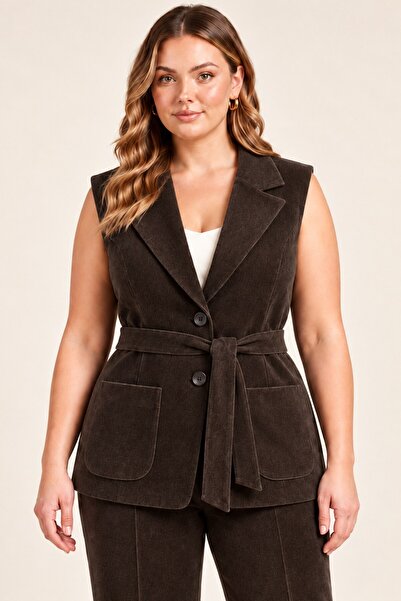 RMG Velvet Detailed Waist Tie, Large Size Lined Vest with Buttons, Brown